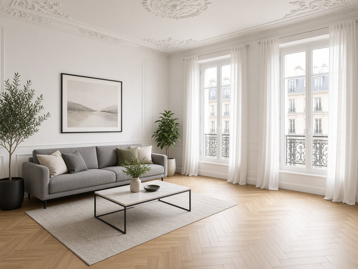 Salon d’un appartement lumineux avec parquet et moulures