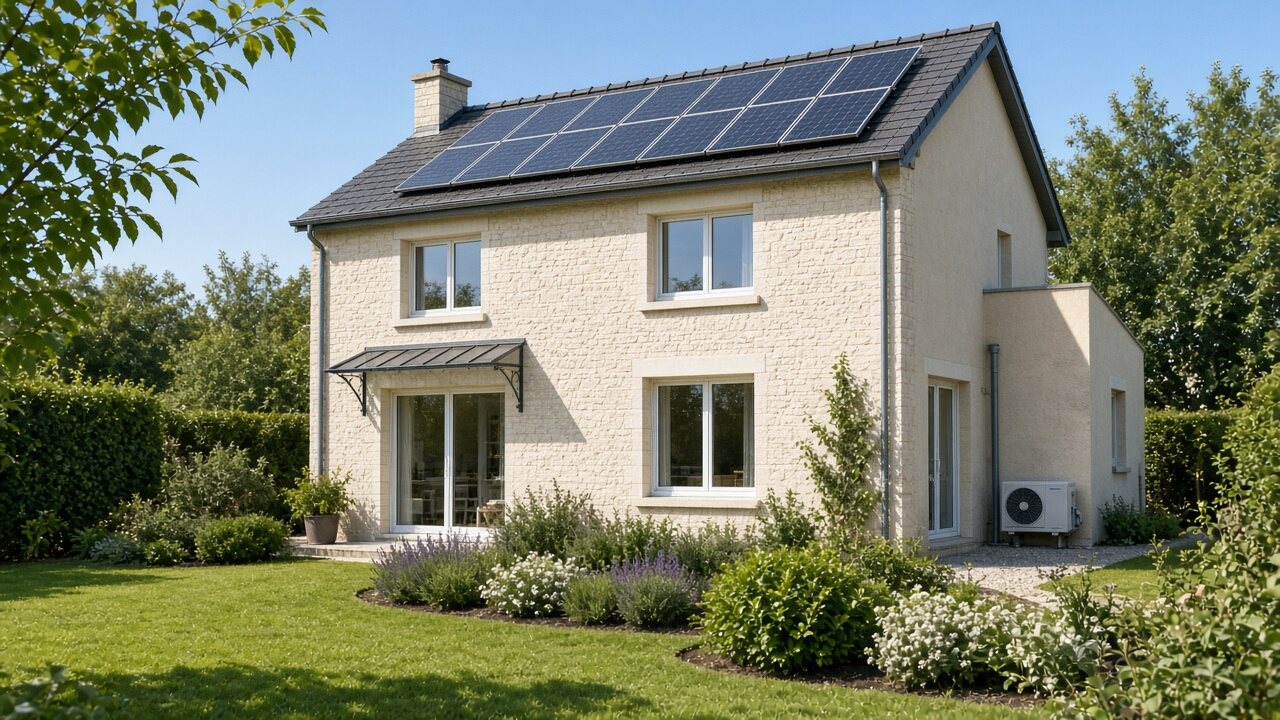 Maison rénovée avec panneaux solaires et pompe à chaleur