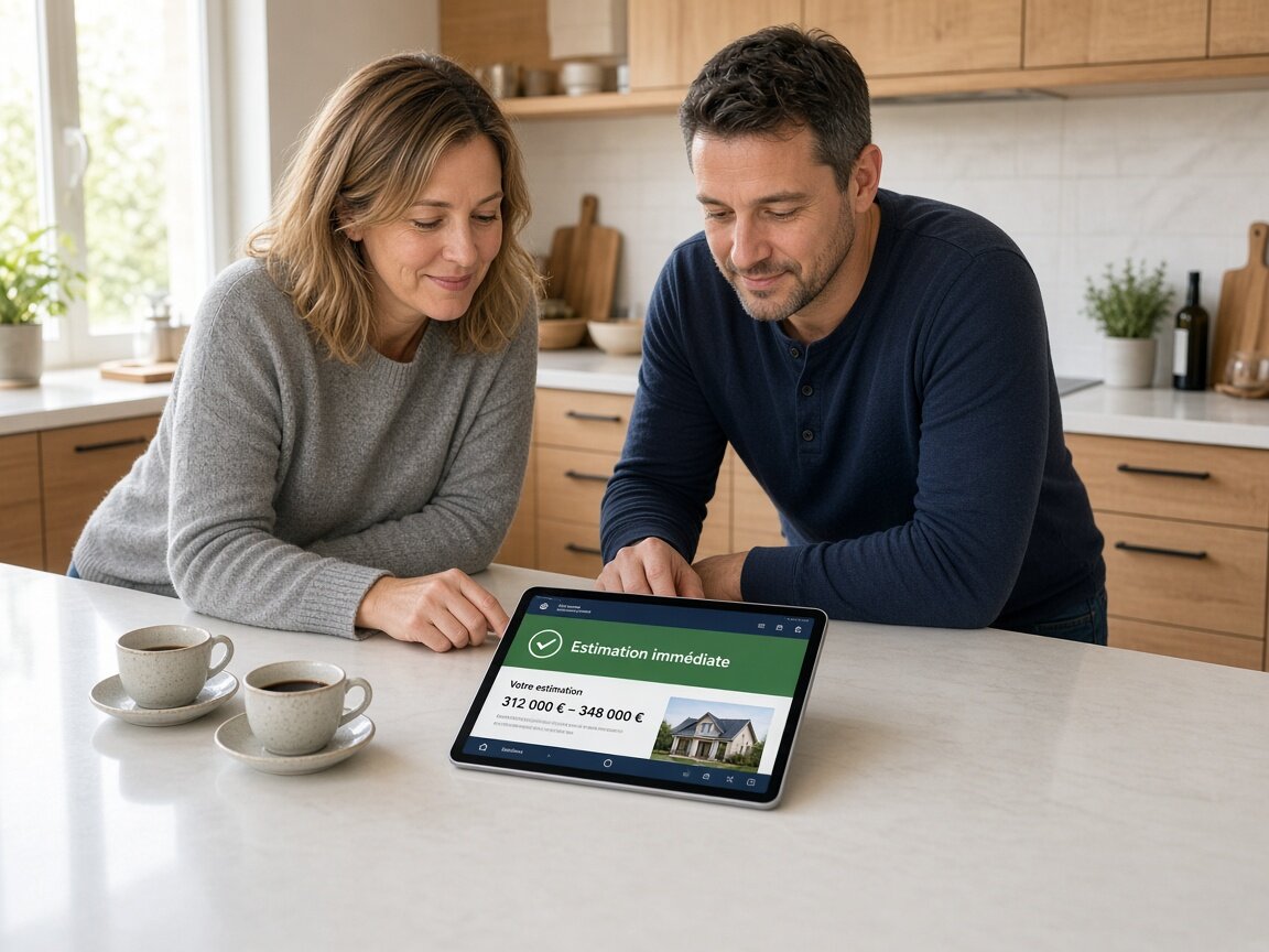 Couple à l’îlot de cuisine consultant une estimation immobilière en ligne sur une tablette