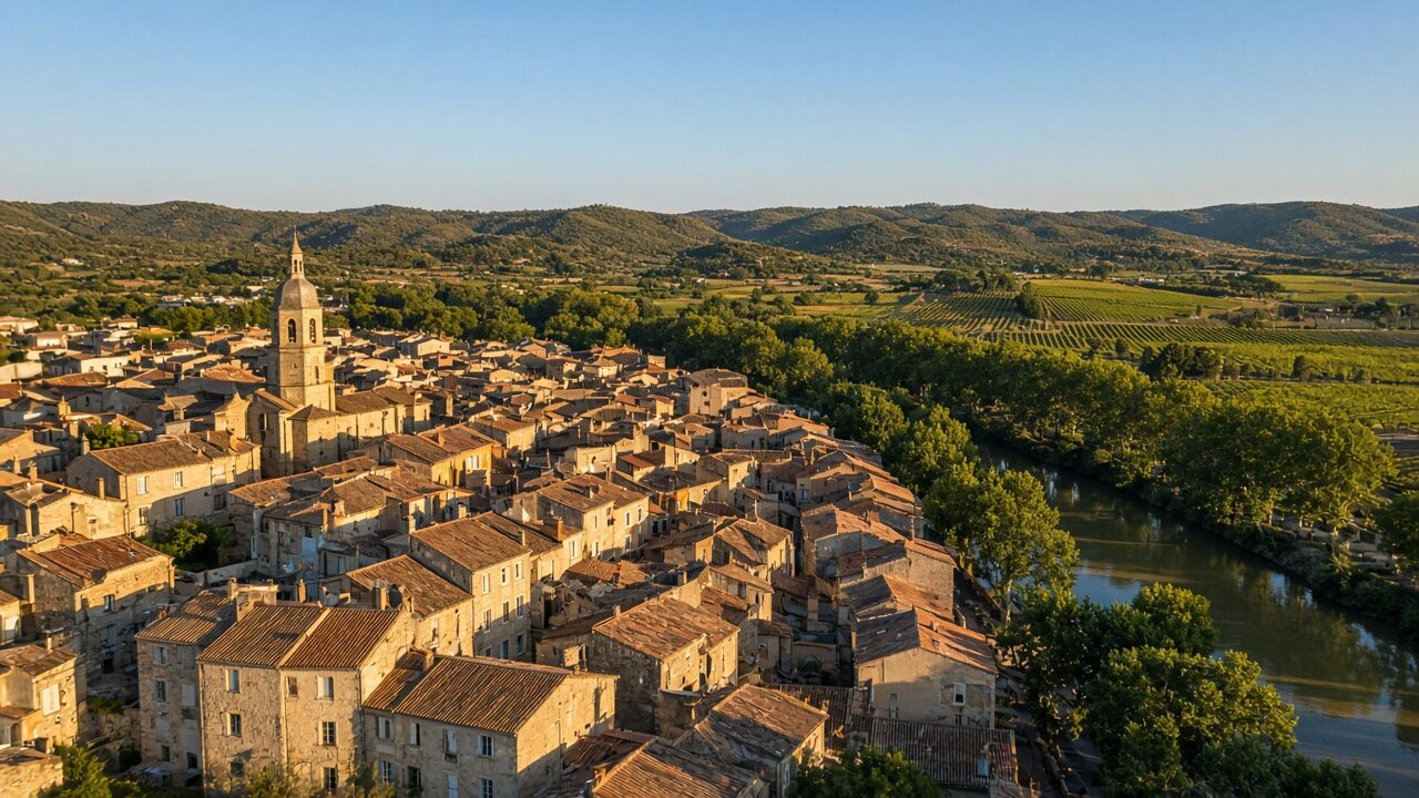 Vue aérienne d’un village du sud de la France, toits en tuiles et vignes